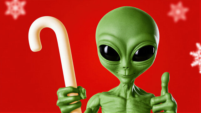 Green alien creature holding white candy cane and giving thumbs up on red background.