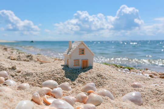 夢のマイホーム計画砂浜に立つ白い小さな家