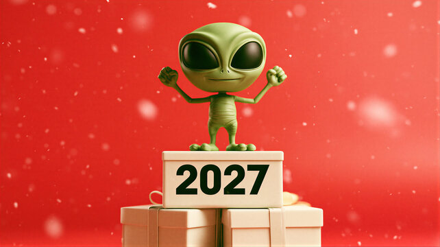 Green alien standing next to empty gift tag on sledge against red snowy background with snowflakes.