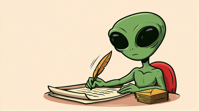 Green alien character holding quill pen writing documents at desk with papers.