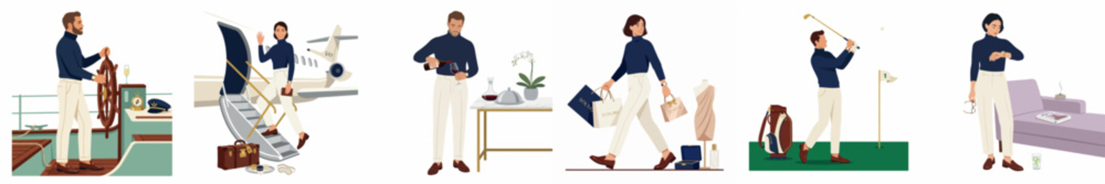 A series of flat vector illustrations depicting a wealthy man's luxury lifestyle, including private jet travel, yachting, golf, and high-end shopping.