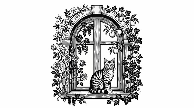 Detailed black and white line art vector showing a striped cat sitting on an arched wooden window sill framed by climbing roses and ivy. Great for home decor prints, coloring books, and card designs.