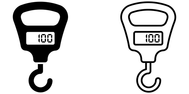 Digital hanging scale with hook icon hundred weight on isolated surface.