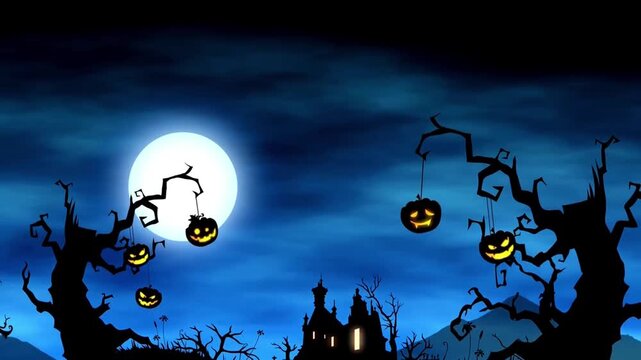 Spooky Halloween Night Background with Haunted House, Full Moon, Bats, Bare Trees and Dark Silhouette Landscape for a Scary October Holiday Illustration