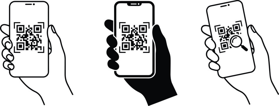 Hand holding smartphone screen scanning quick response code for digital payment verification electronic identification process icon vector