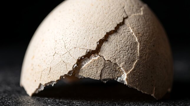 Close-up shot of a cracked eggshell fragment, showcasing its delicate texture and intricate fractures against a dark backdrop
