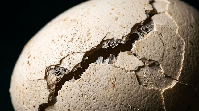 Macro shot of a cracked bird egg shell showing detailed texture and the concept of new life emerging