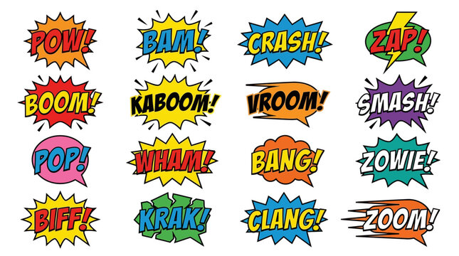 Colorful comic book sound effect stickers on white background