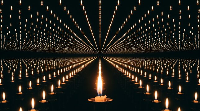 Endless rows of glowing candles creating a mesmerizing mirror reflection and perspective effect