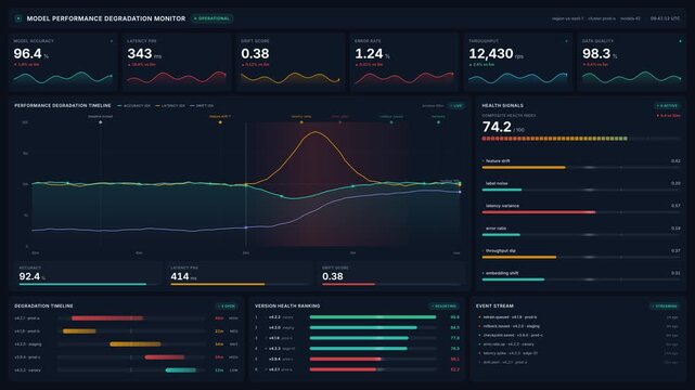 Model performance degradation monitor dashboard with metrics, for ai system monitoring, error rates, data quality tracking, software reliability analysis in tech operations
