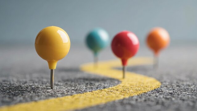 Colorful push pins on a yellow road line