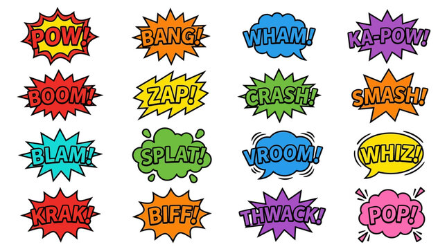 Dynamic cartoon sound effect explosion bubbles for graphic design.