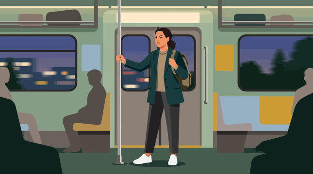 Woman Standing on Train, Holding Pole, Looking Out Window