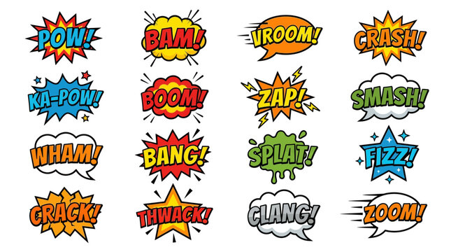 Dynamic comic book sound effects with bright colors.