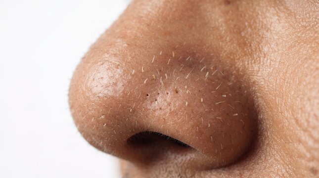 Macro close up of a human nose showing blackheads, sebaceous filaments, and enlarged open pores