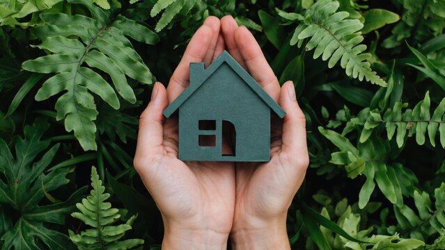 Hands holding a small green house model