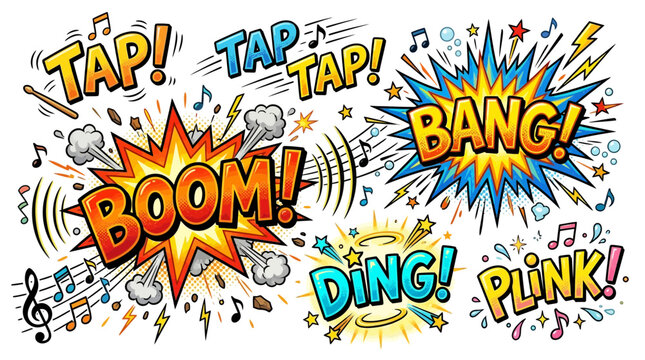 Musical and percussive comic sound effects with note symbols.