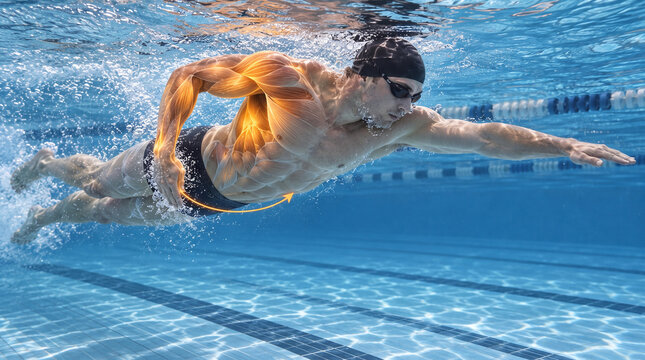 Underwater freestyle pull with amber muscle activation map