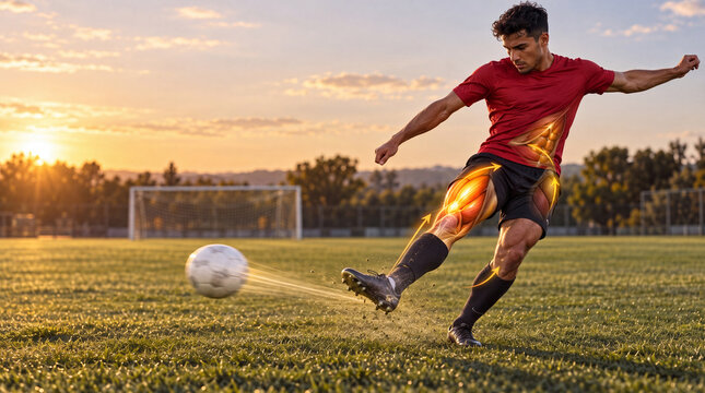 Soccer instep kick with leg muscle activation overlay
