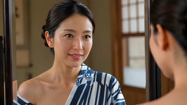 Woman in Blue and White Yukata Smiling at Her Reflection in a Mirror