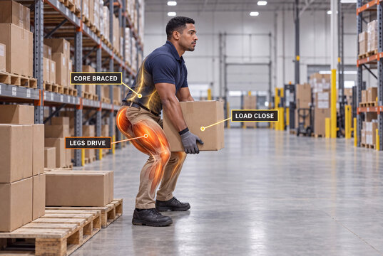 Warehouse worker lifting a box with muscle activation overlay