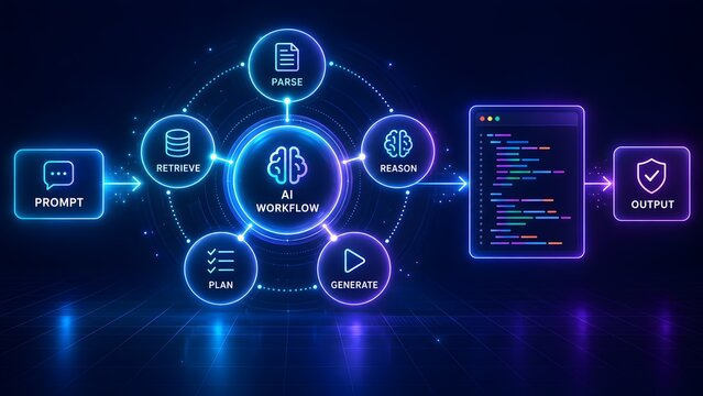 Futuristic automated workflow interface displaying interconnected digital nodes for data parsing reasoning and code generation in modern software development pipelines