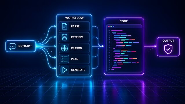 Advanced digital dashboard interface displaying an automated workflow pipeline from data parsing and reasoning to code generation and verified output in modern software