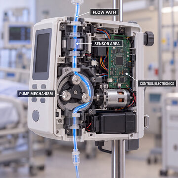 Infusion pump cutaway with peristaltic flow path and sensors