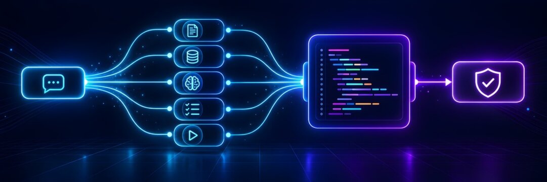 Futuristic automated workflow pipeline interface displaying data parsing reasoning code generation and secure verified output for modern software development