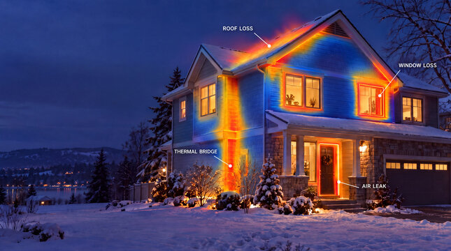 Home heat loss thermal map on house facade at night