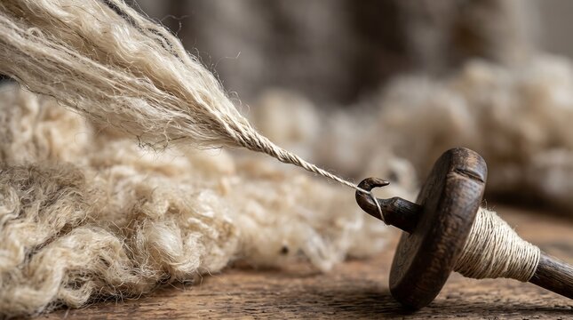 Close-up of a spinning wheel and wool fibers, highlighting the traditional craft of yarn making