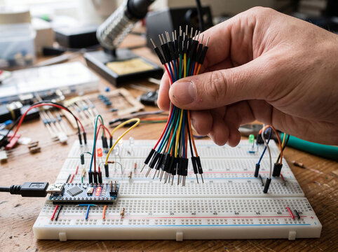 Hand holding bunch of multicolored jumper wires over electronic prototyping breadboard.
