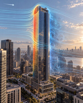 High rise tower with wind flow and pressure visualization