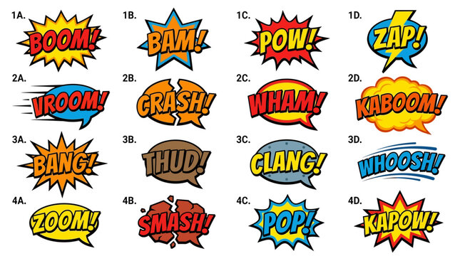 Grid of retro comic book action sound expressions.