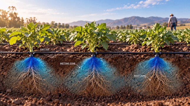 Drip irrigation wetting zones around crop roots in soil