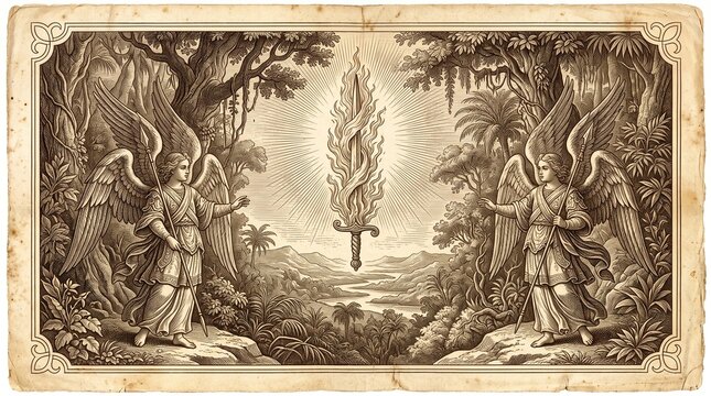 Antique engraving of cherubim guarding the entrance to Eden with a flaming turning sword