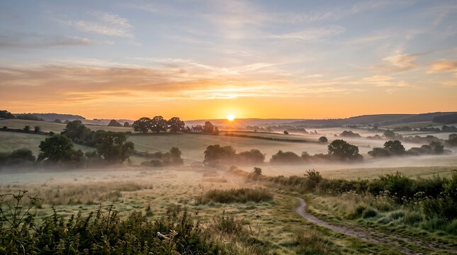 Beautiful misty sunrise over rural countryside valley with rolling green hills at dawn