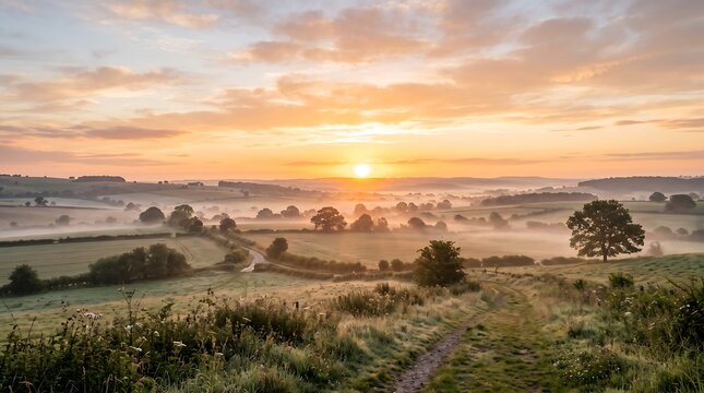 Scenic sunrise over a misty rural landscape with green fields, rolling hills and trees in summer morning