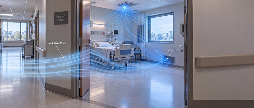 Hospital isolation room with inward airflow to exhaust