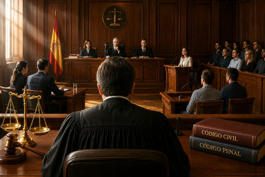 Tribunal popular juicio, acusaci&oacute;n, banquillo y sentencia con c&oacute;digo civil Espa&ntilde;a y penal en juzgado con acusados, fiscal y testigos banco declarando ante juez con balanza y martillo maza de condena