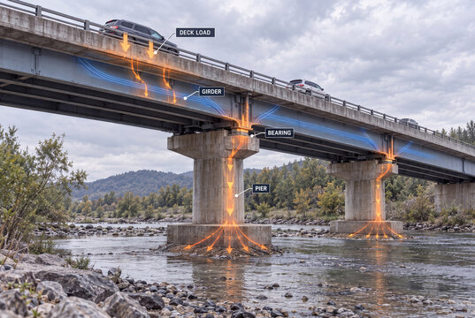 Highway bridge load path through girders and piers