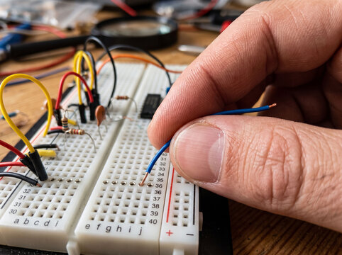 Engineer inserting blue jumper wire into breadboard during electronic prototyping process.