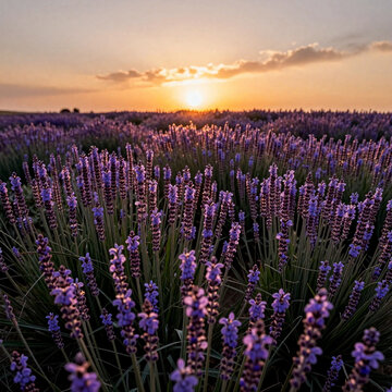 Breathtaking field of blooming purple lavender flowers glowing in the warm golden light of a setting sun