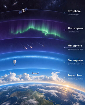 Earth atmosphere layers diagram from troposphere to exosphere