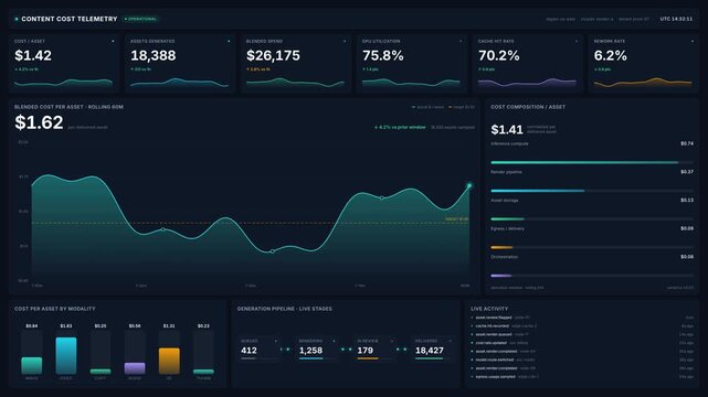 Modern content cost telemetry dashboard with real time financial metrics data analytics, for business intelligence, performance monitoring, cloud computing, operational efficiency