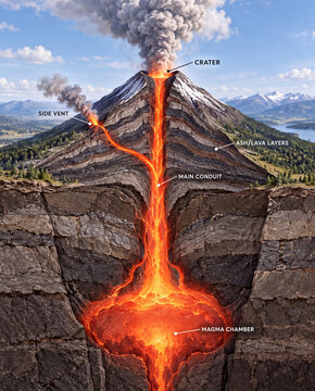 Stratovolcano cross section showing magma chamber and conduit