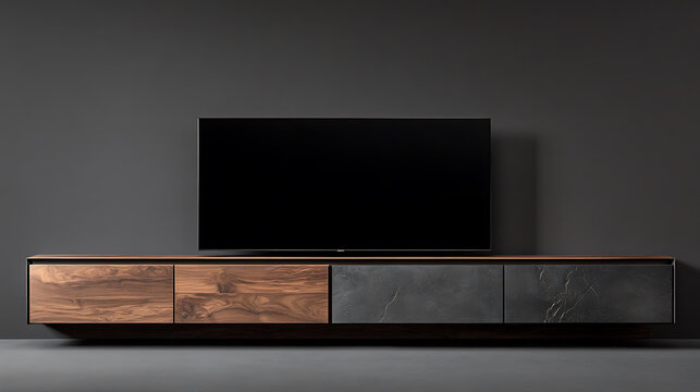 Modern Interior Living Room & TV Wall Design Images for Adobe Stock: High-Resolution Smart TV, Wooden Cabinet, Minimalist Home Entertainment, Dark Wall and Cozy Luxury Decor
