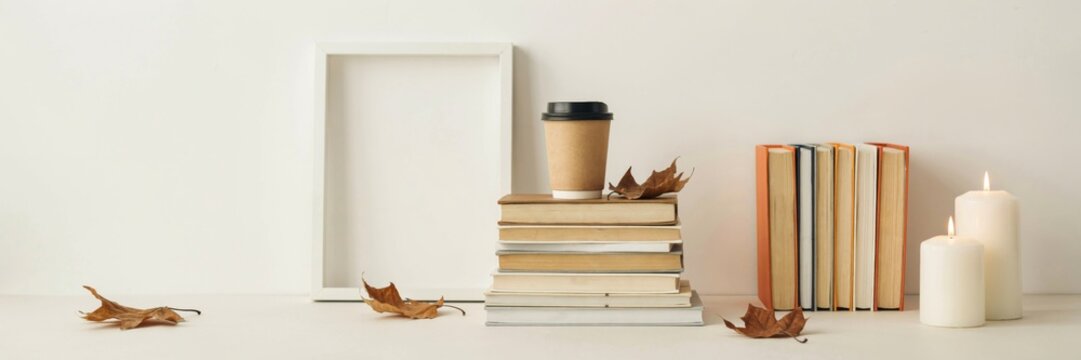 Cozy autumn composition with books and coffee