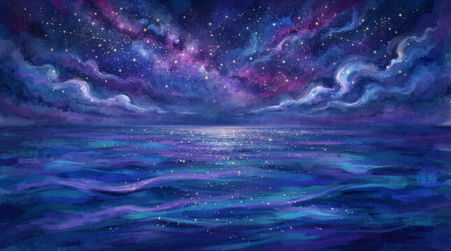 Stunning digital painting of a tranquil ocean at night under a vibrant starry galaxy sky with purple and blue nebula clouds