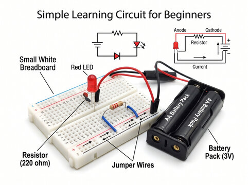 Simple learning circuit with red led light battery pack and resistor on white breadboard.
